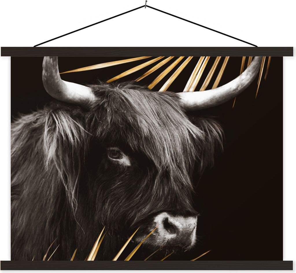 MuchoWow Textilposter Schottisches Hochlandrind - Blätter - Gold 40x30 cm mit schwarzem Rahmen - Dekorationen