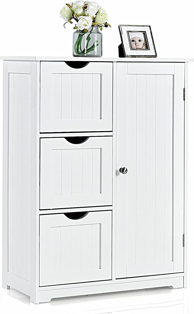 GOPLUS Badezimmerschrank mit Schubladen, Badschrank mit 2 Ablagefächern, Unterstellschrank aus Holz für Badzimmer & Wohnzimmer (Weiß)