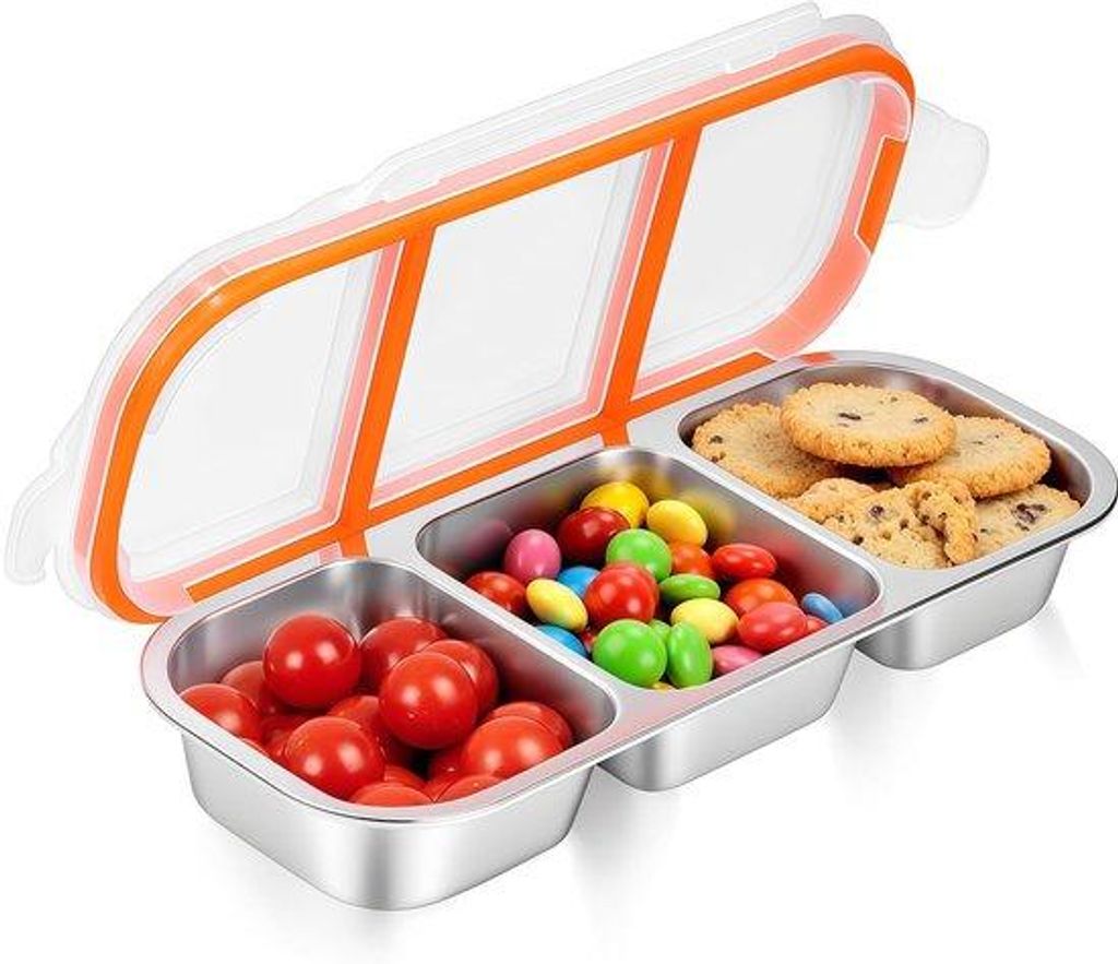 Stainless Steel Snackbox, wiederverwendbare 3-Teil Spice Box mit Deckel für Kinder und Erwachsene, praktische geteilte Snack-Container, Saubehälter