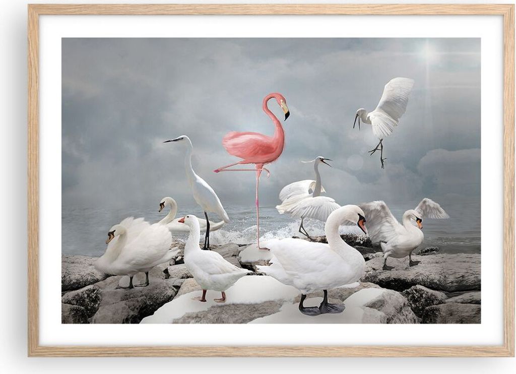 Gerahmtes Poster - Rahmen in heller Eiche - Flamingo Schwan Fantasie - 70x50 cm - Wand Bild - Wanddeko - Wandbilder - Kunstposter - Wandposter - Bi...