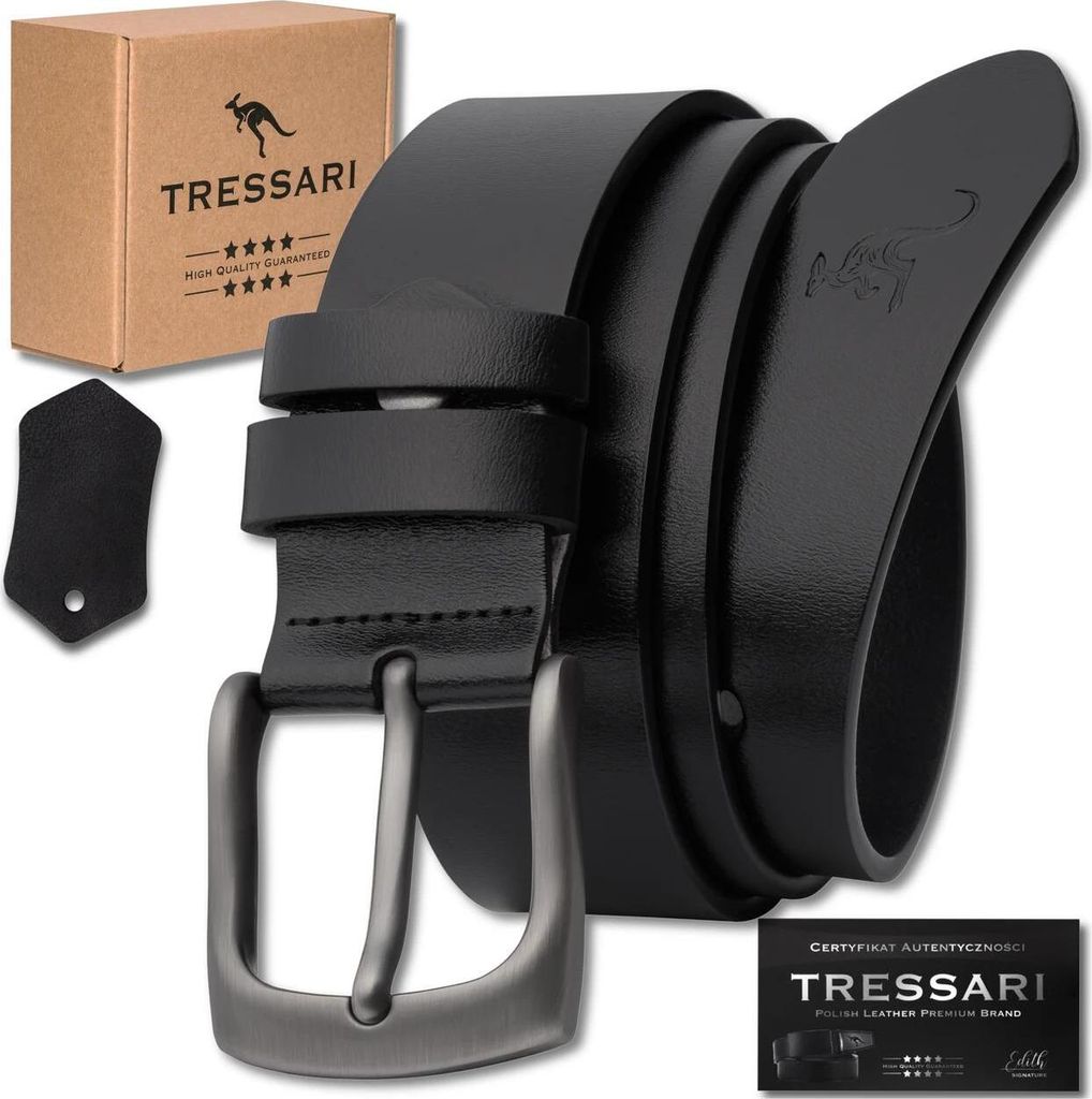 Herren-Ledergürtel, 100 % Naturleder, schwarz, für TRESSARI-Hosen