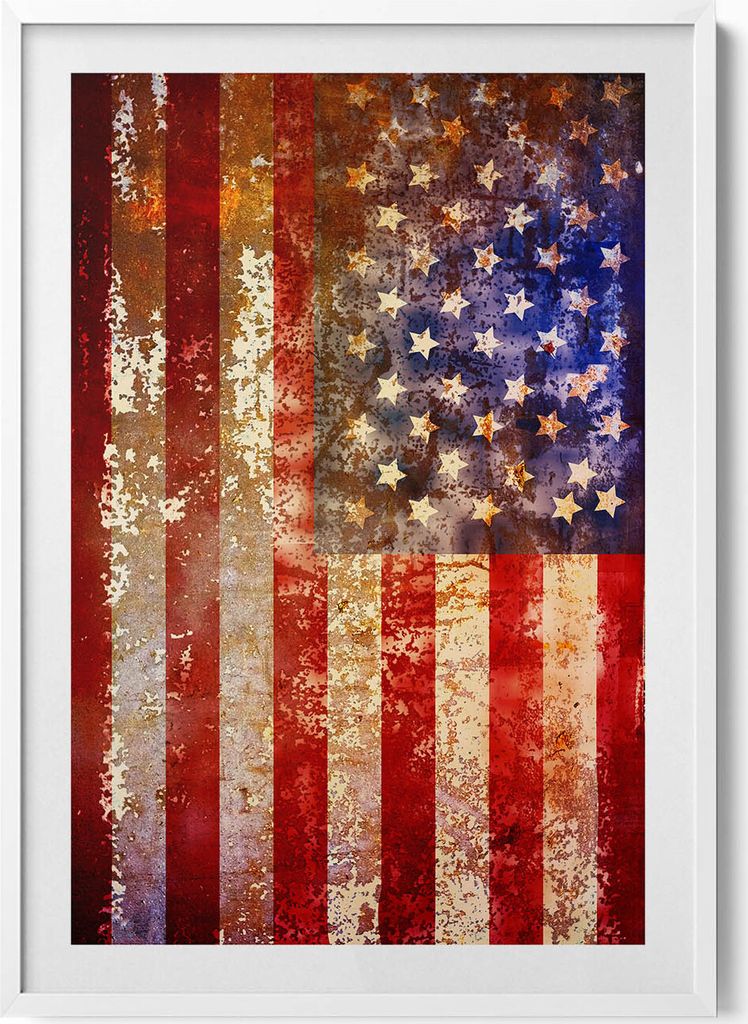 US-Flagge im Vintage-Stil– Wandbild mit Rahmen – Gerahmtes Bild – Wanddekoration – 70x100 cm – Weiß Rahmen