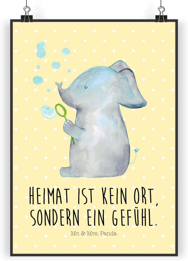 Mr. & Mrs. Panda Bild Elefant Seifenblasen DIN A5 - Gelb Pastell - Geschenk, Liebe, Elefanten, wanddeko, Heimat, Liebesspruch, Lustige Sprüche, Pl...