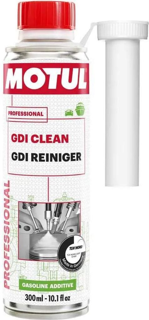 A can of Motul GDI Clean gasoline additive with a white tube attached to the side.