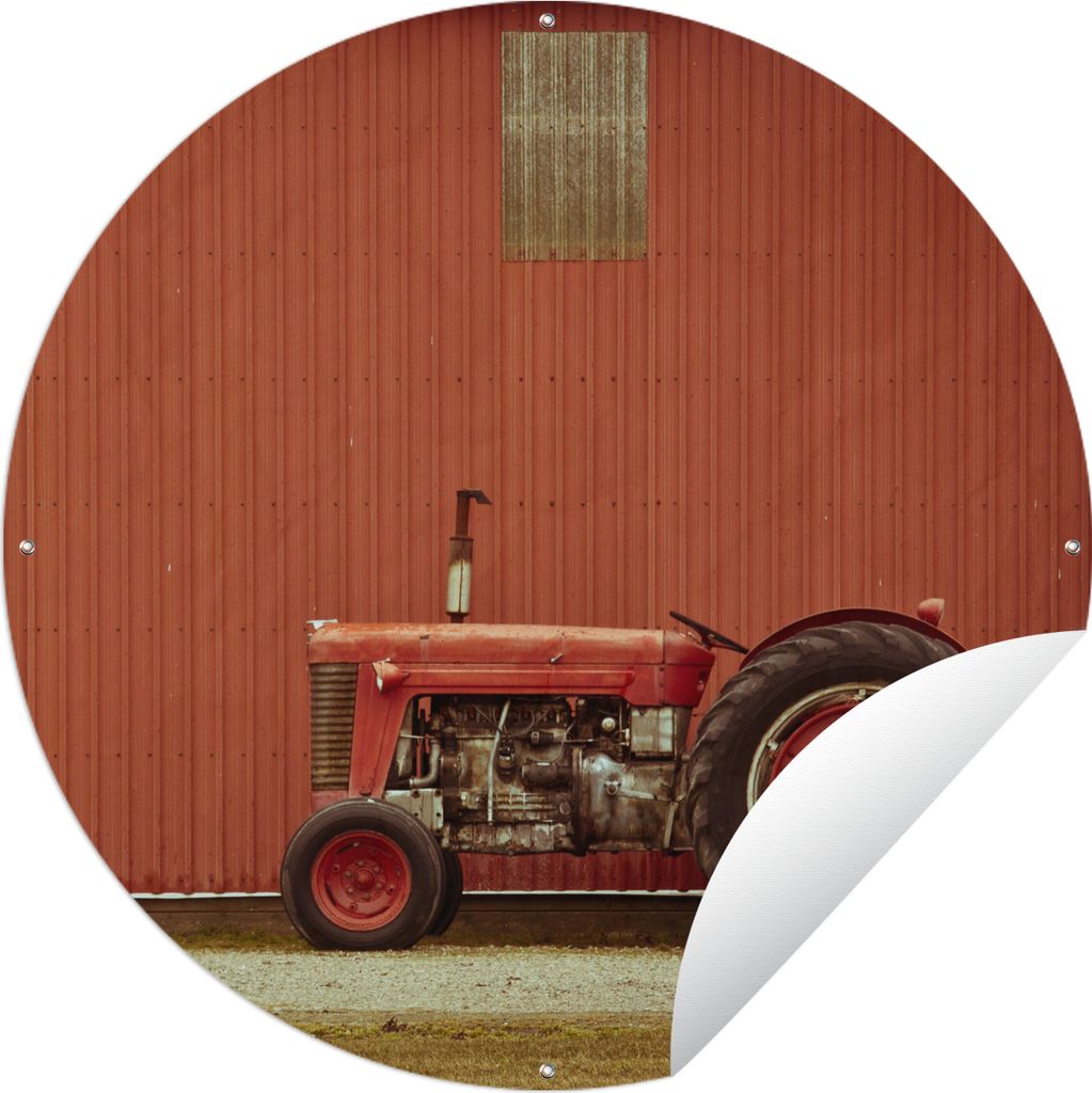 MuchoWow Gartenposter Outdoor-Poster Rund Traktor - Scheune - Rot - Bauernhof Ø 60 cm Gartendeko Rundes Poster draußen