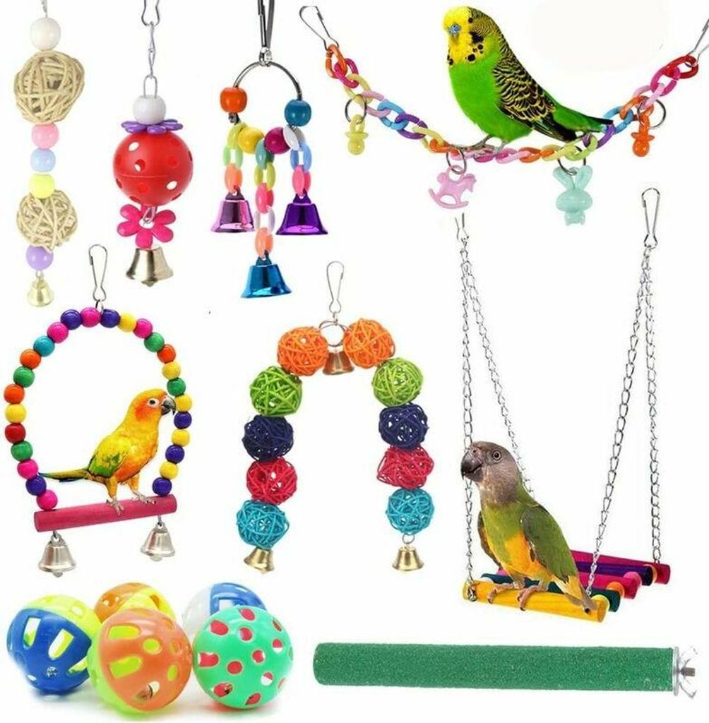 12er-Pack Vogelspielzeug für Papageien, Schaukelspielzeug – Hängendes Kauspielzeug mit Glöckchen, Käfigspielzeug geeignet für kleine Wellens...