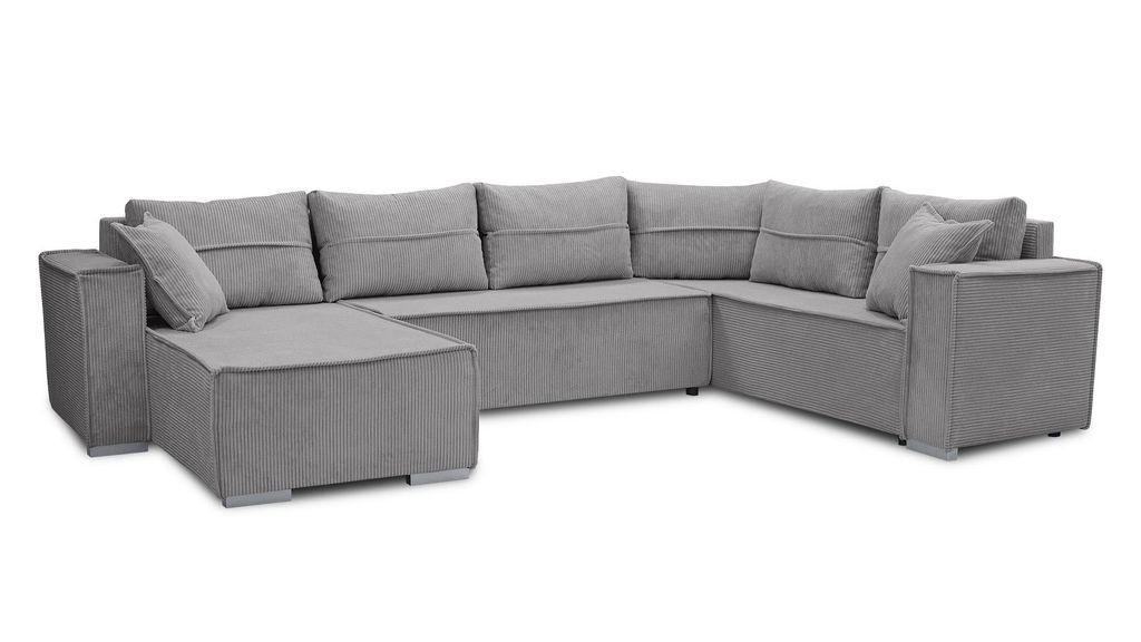 A gray sectional couch with a chaise lounge on a white background.