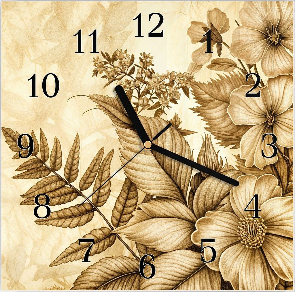 Wanduhr aus Glas mit Motiv Blumenblatt Kunstwerk- 30 x 30 cm - inkl. Aufhängesystem