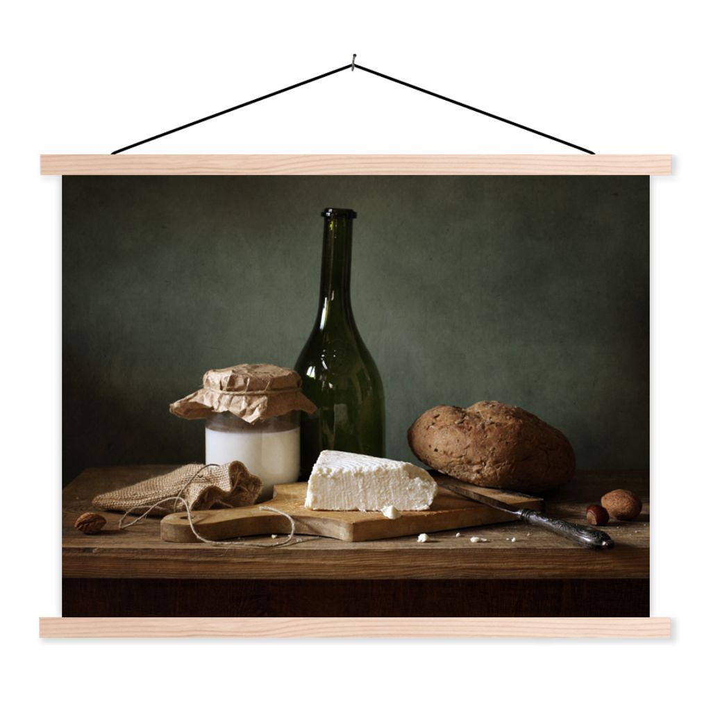 MuchoWow Textilposter Rustikal - Brie - Stillleben - Flasche - Brot 120x90 cm mit holzfarbenen Rahmen - Magnetisch