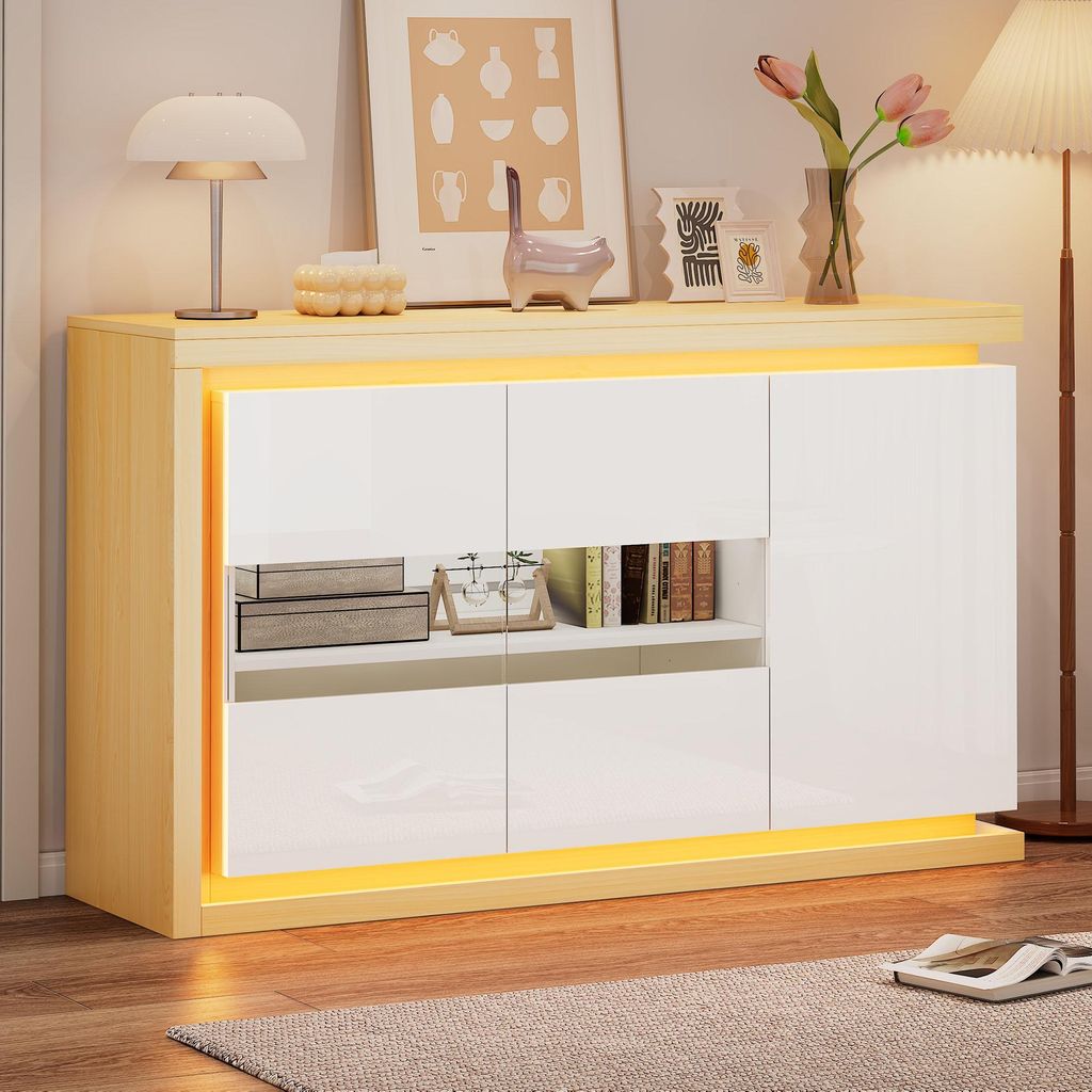 Wohnzimmerschrank 140x40x84 cm, moderne Kommode mit 4 Fächern & LED-Lichtleiste, Hochglanz-Sideboard mit Türen aus gehärtetem Glas für Flur, Wo...
