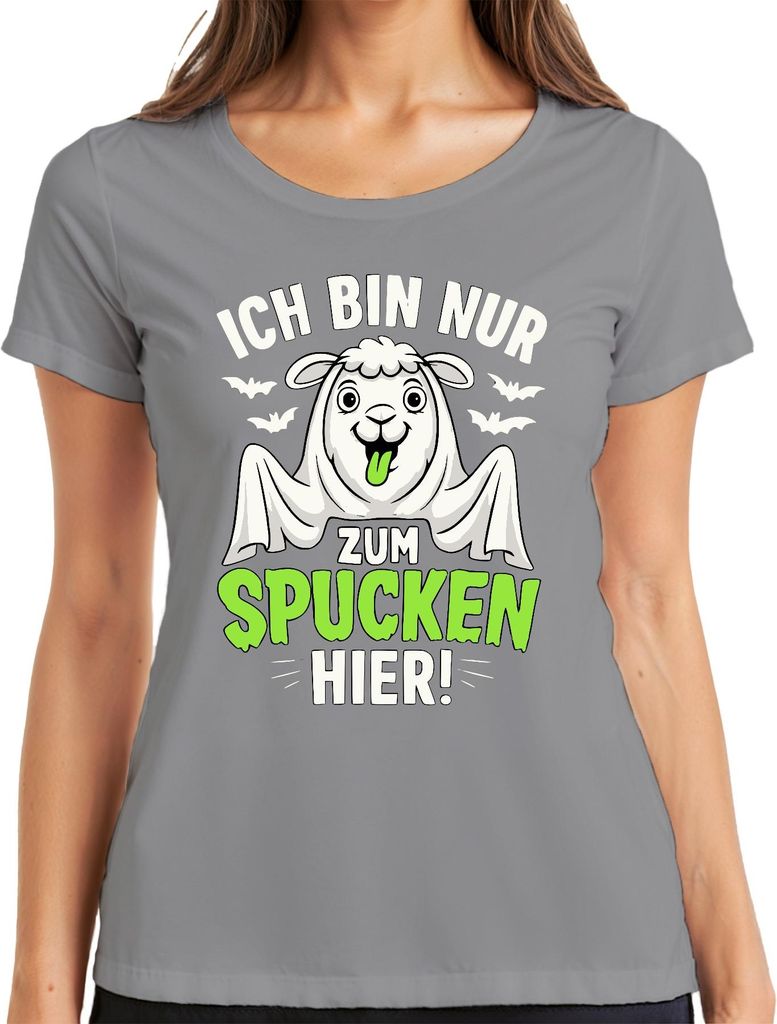 Ich bin nur zum Spucken hier Halloween Lama Spruch Süßes oder Saures Damen T-Shirt, Grau, M