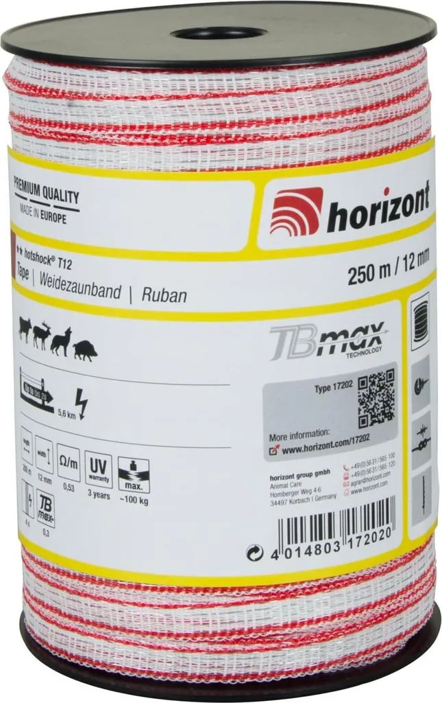 Ruban clôture électrique pour chevaux hotshock T12 250m TBmax 12mm