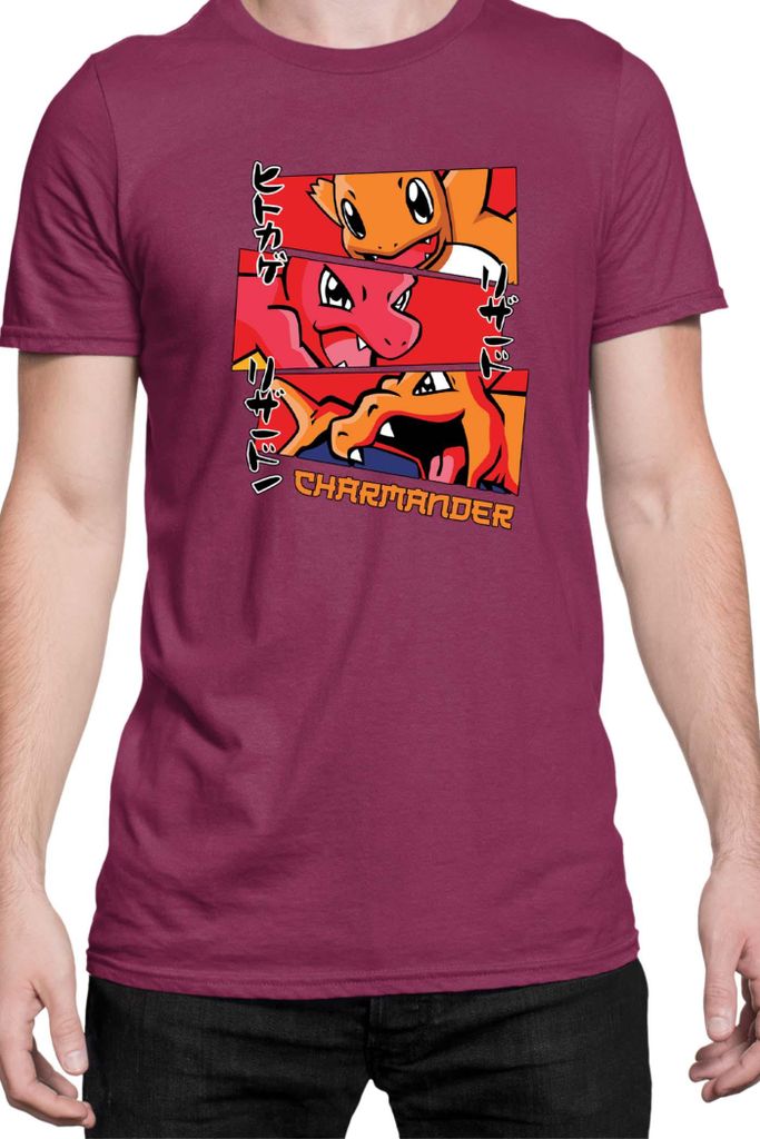 Herren T-Shirt Japan Manga Anime Comics Animation Pokeball Charmander Evolutions, Man S / Burgundy