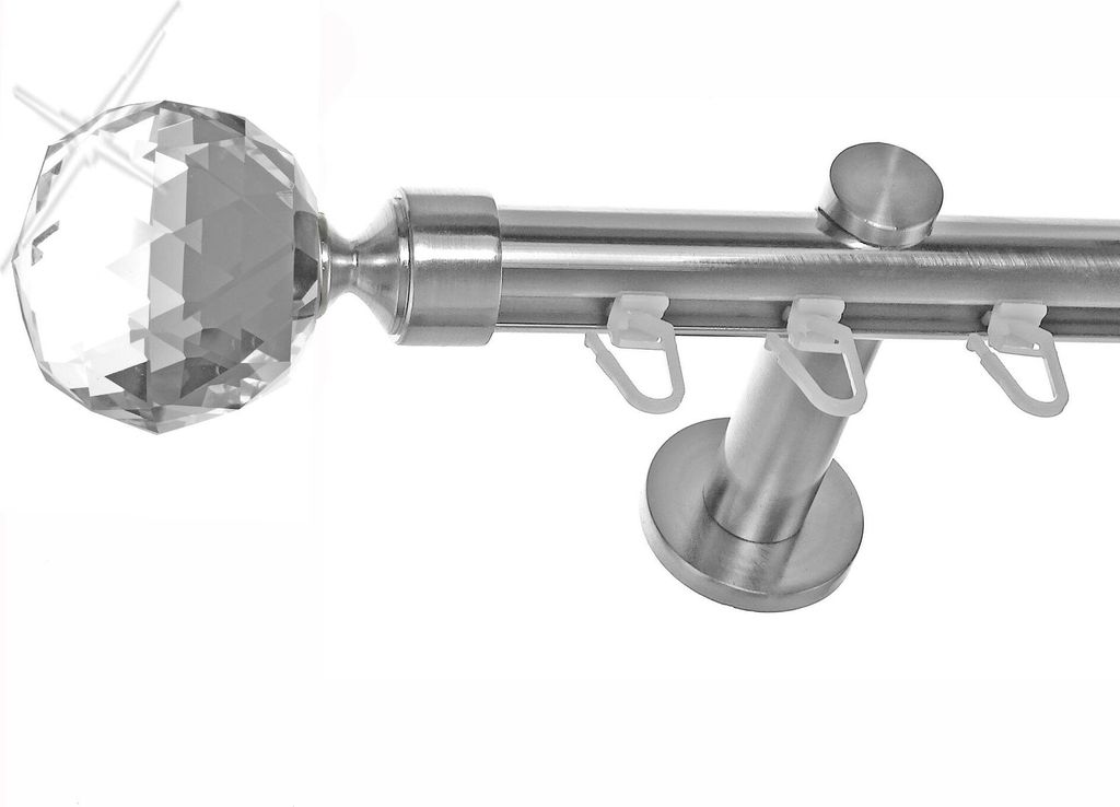 Innenlauf Gardinenstange Edelstahl Look 20mm Wandträger 1-läufig Kristall Kugel, Länge wählbar H30 E87