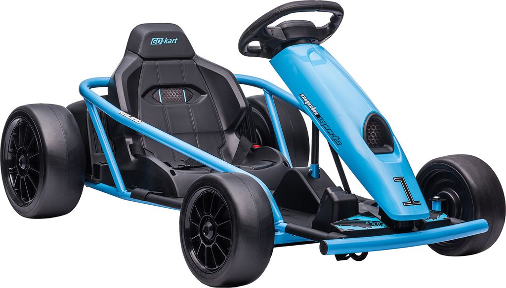 HOMCOM Kinder Elektro Gokart 24 V Drift Kart mit Langsamem Start, Musik, Hupe und Sicherheitsgurt, Kinderfahrzeug für 8-12 Jahre Kinder, Blau