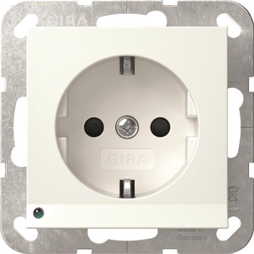 A close-up studio shot of a white electrical outlet with a silver metal mounting frame.