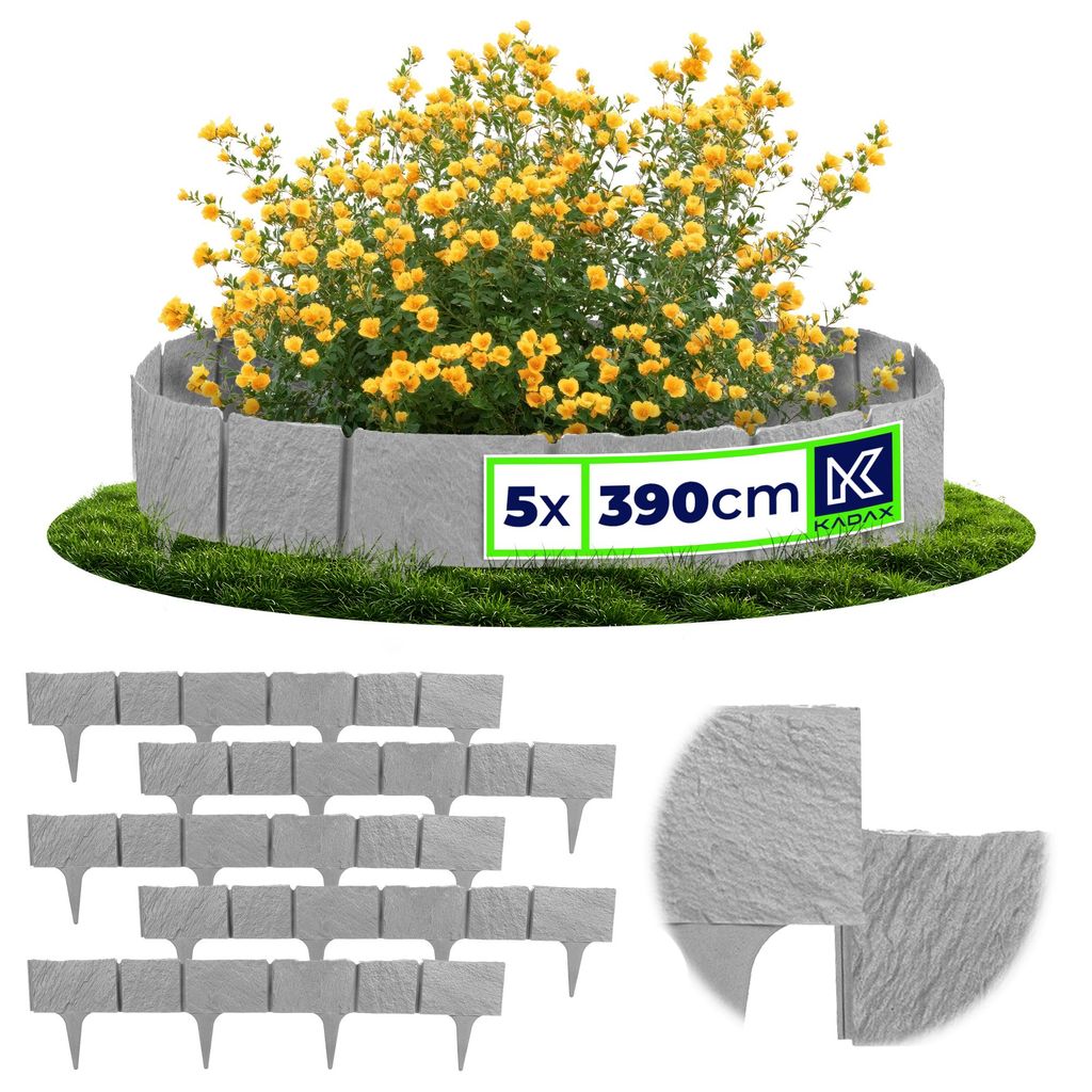 KADAX Rasenkante 78 cm, 5 Stück, Beeteinfassung in Steinoptik, Beetumrandung aus Kunststoff, Mähkante, Beetbegrenzung für Garten, Rasenkantenste...