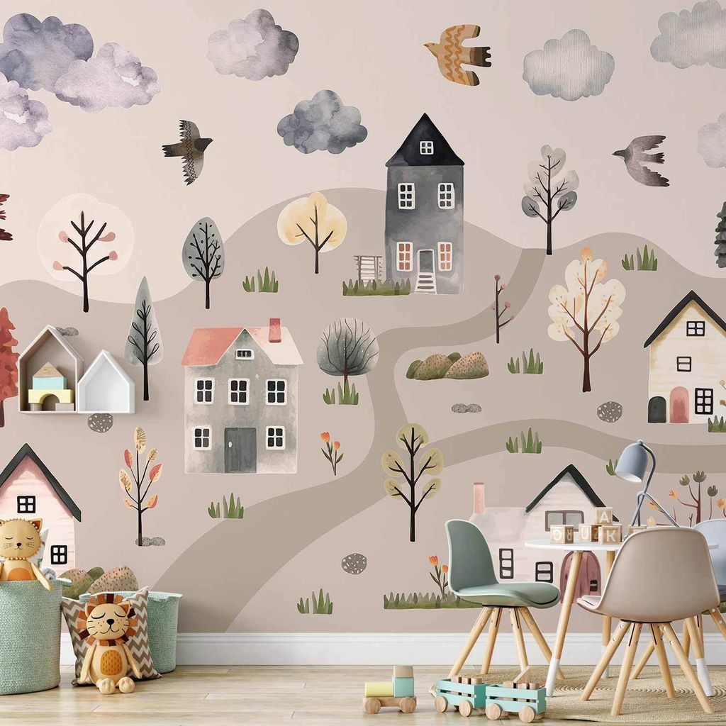 Vlies Fototapete - Scandinavian Valley - Village in Pastel Colours Painted in Watercolours 350x245 cm Für Kinder e-C-10085-a-a