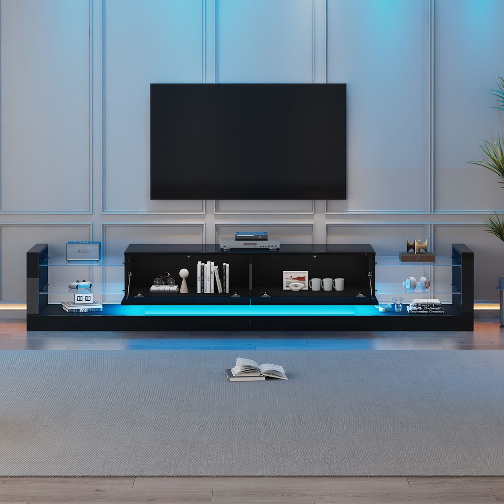 STILVORA Lowboard mit LED-Beleuchtung,TV-Schrank TV-Regal mit offene Glasfront&2 Klapptüren,TV-Board Hochglanz für Fernseher bis 80 Zoll,schwarz