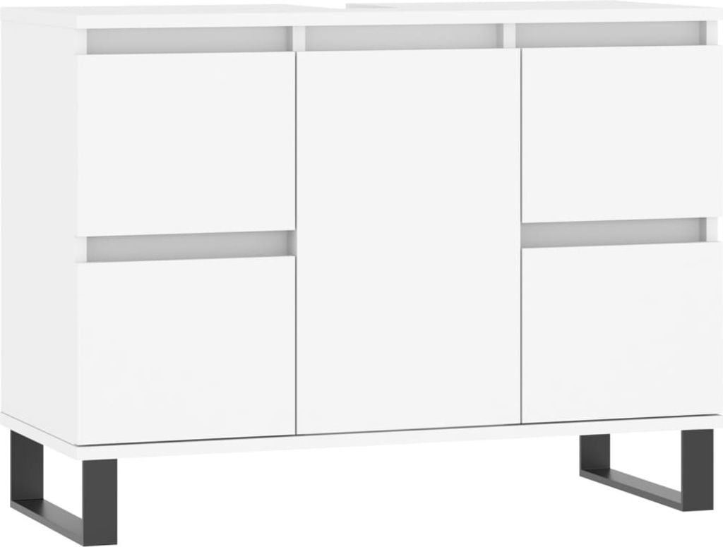 A studio shot of a white cabinet on a white background.