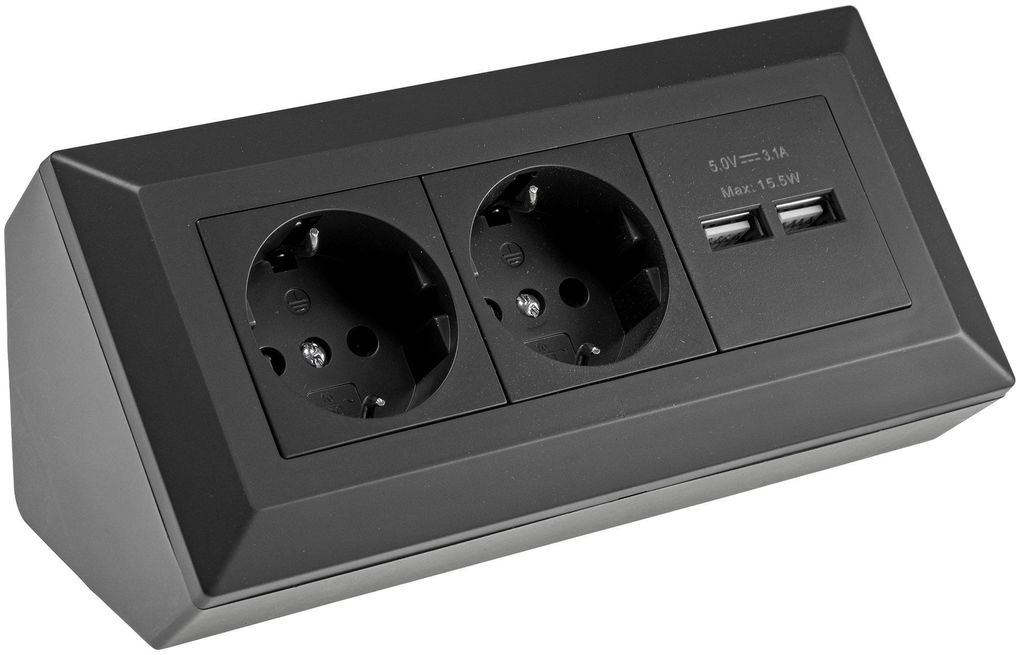 ChiliTec 2-fach Steckdosenblock + 2x USB schwarz 250V AC / Produktbild 