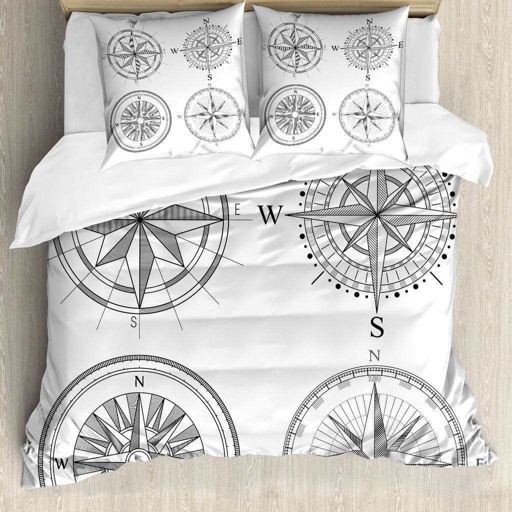ABAKUHAUS Kompass Bettbezug, Seafaring Monochrome, Milbensicher Allergiker geeignet mit Kissenbezügen, 155 cm x 220 cm - 80 x 80 cm, Schwarz und w...