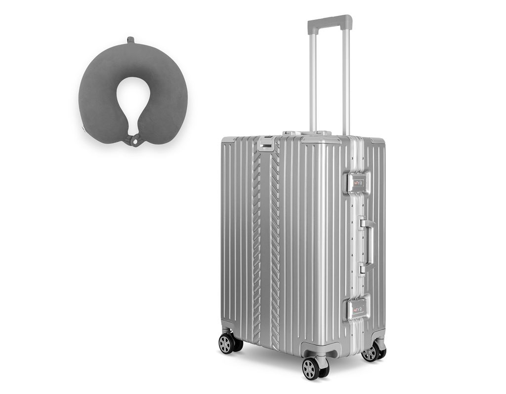 WINLIFE 65cm Hartschalen-Trolley L mit Anthrazit Nackenkissen – Reisekoffer, Alu-Rahmen, ABS, TSA-Schloss, leicht & robust, Silber