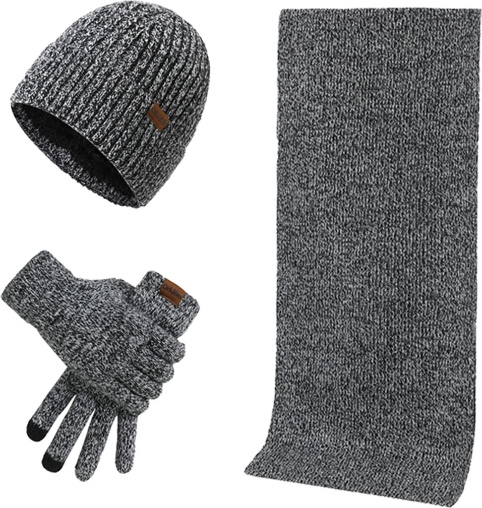 3-Teilige Winter-Mütze, wärmerer Schal, Touchscreen-Handschuhe für Männer&Frauen,Hellgrau