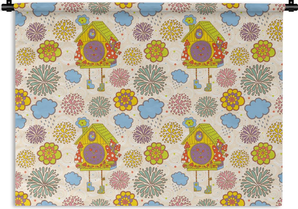 MuchoWow Wandteppich Wandbehang Kuckucksuhr - Muster - Pilz - Blumen 150x112.50 cm Tapisserie Dekoration Wandtuch - Wanddecke - Wandteppiche
