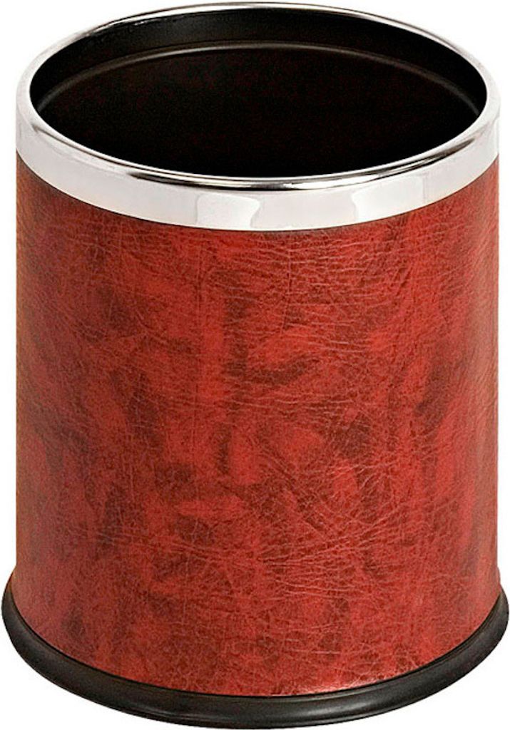 Eleganter doppelwandiger Papierkorb in Lederoptik | 10 Liter, HxØ 27,5x22,5cm | Rand aus mattem Edelstahl | Bordeaux