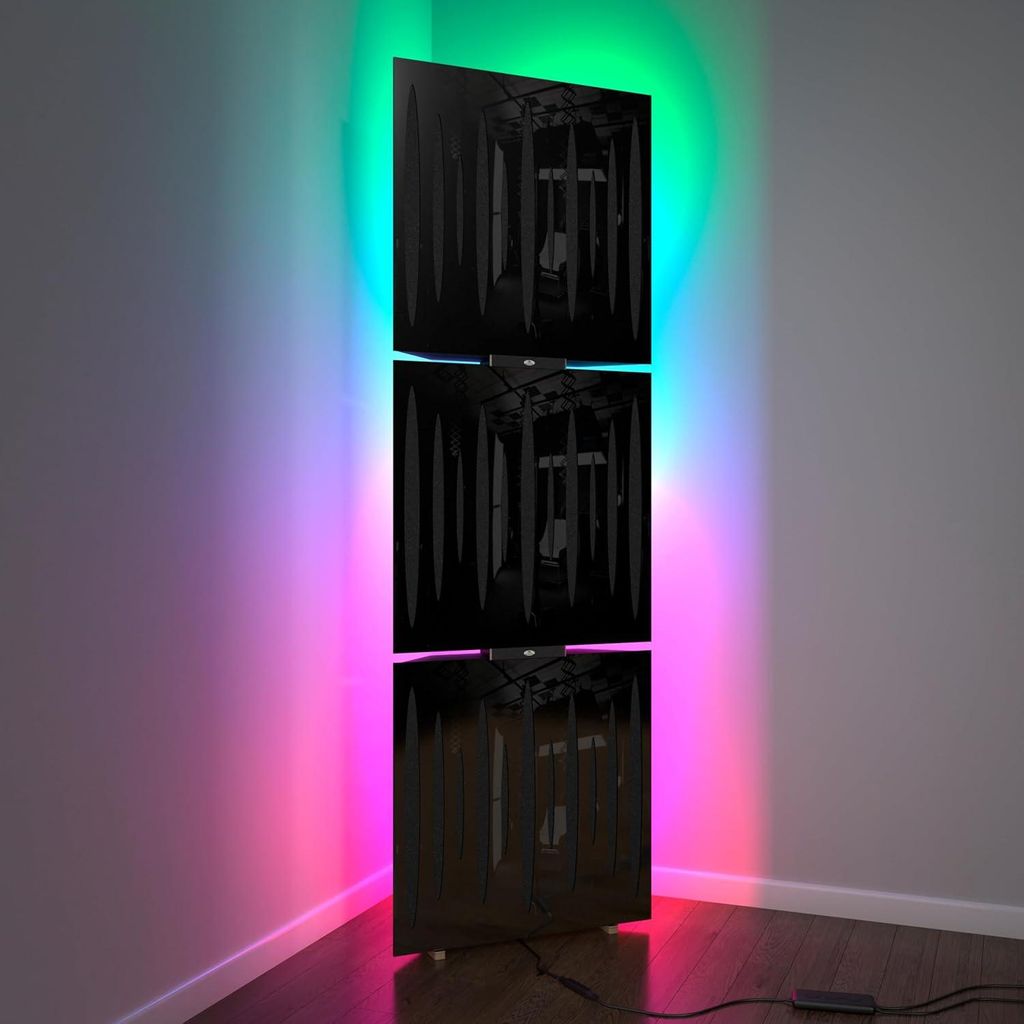 3er-Pack– Akustik-Bassfallen „PULSE“ mit Stehlampe | Mobiler Akustik-Eckständer mit LED-RGB-Hintergrundbeleuchtung | 150x50x10cm |Schwarzer ...