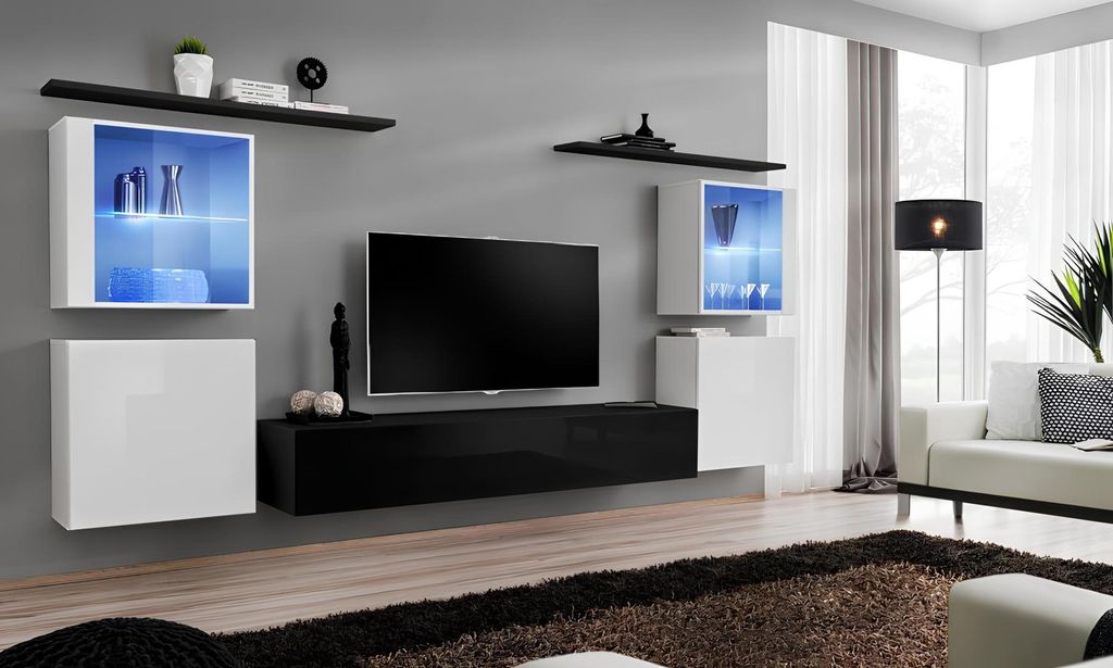 Holzmöbel Schwarz Wohnwand Wohnzimmer Wandregale Luxus Einrichtung Schrank Neu