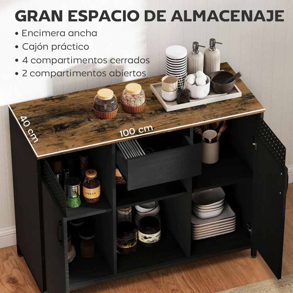 Buffet de Salon Noir pour Vaisselle et Dossiers avec Rangement Modulable