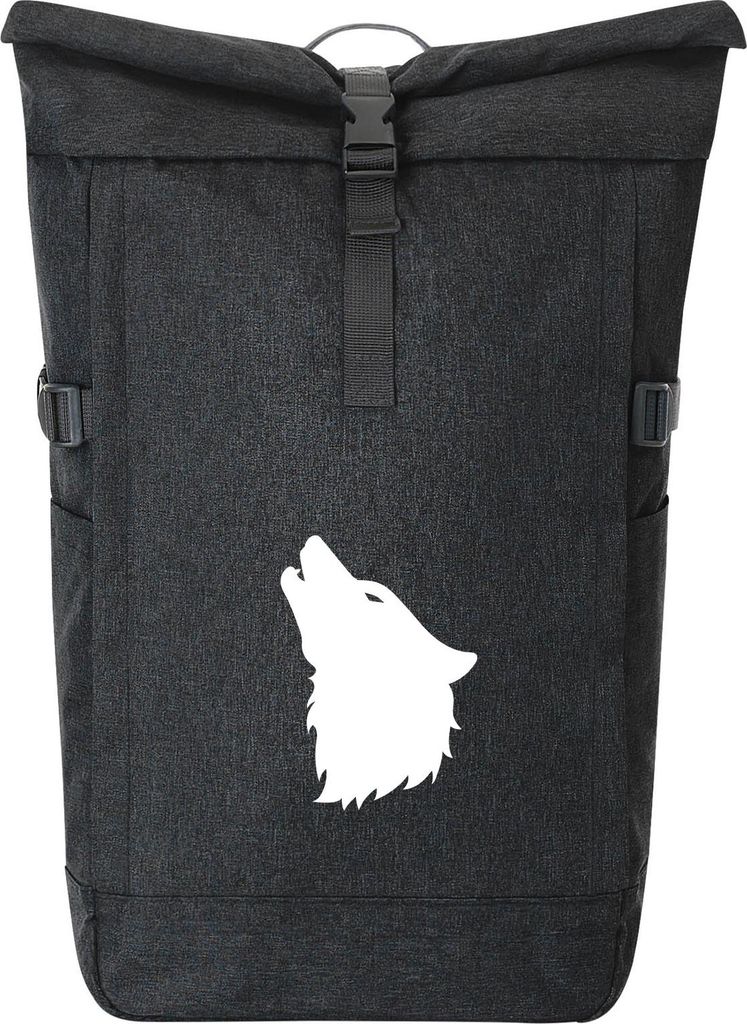 Huuraa Kurierrucksack Wolf Kopf Silhouette 30-44 Liter Black Melange Fairtrade Rolltop Rucksack Geschenkidee