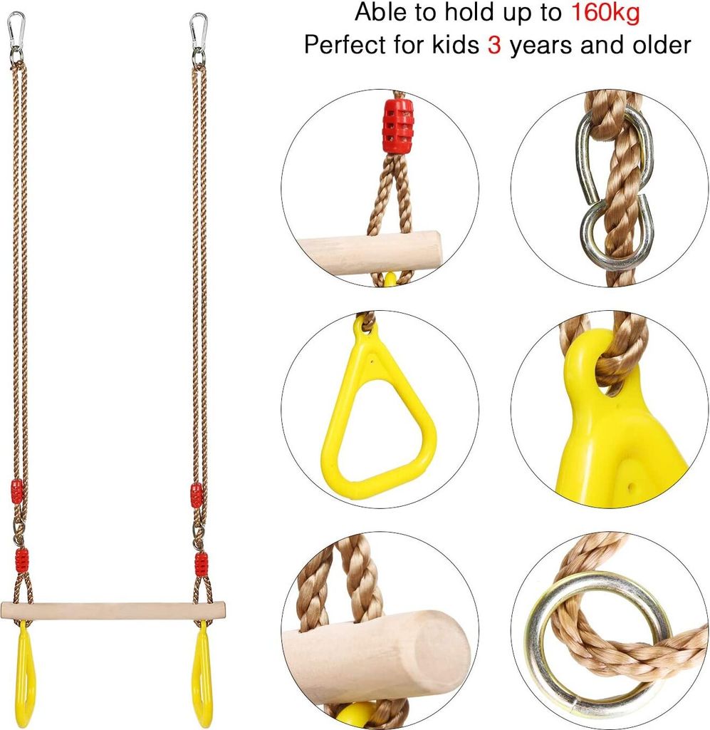 A collage of images showing details of a children's swing set accessory, including ropes, wooden bars, and plastic rings.
