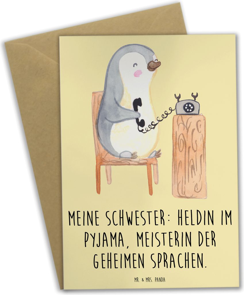 Mr. & Mrs. Panda Grußkarte Schwester Heldin - Gelb Pastell - Geschenk, Geschwisterliebe, weihnachtskarten, Geburtstage, einladungskarten, Geheimsp...