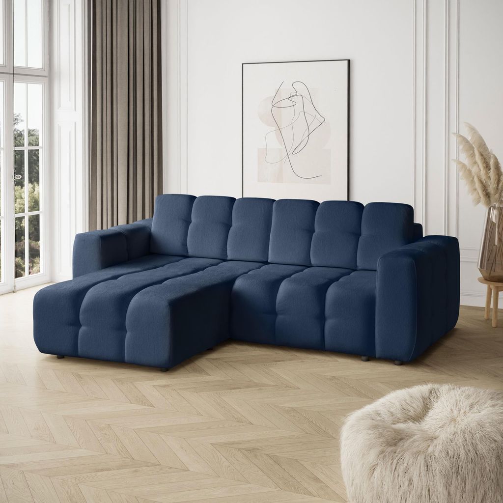 BEAUTYSOFA | Ecksofa BONA 253cm - Eckcouch mit Schlaffunktion und Bettkasten - Dunkelblau
