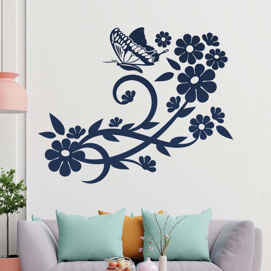 Falter Schmetterling Blüte Wandtattoo in 6 Größen - Wandaufkleber Wall Sticker - Dekoration, Küche, Wohnzimmer, Schlafzimmer, Badezimmer