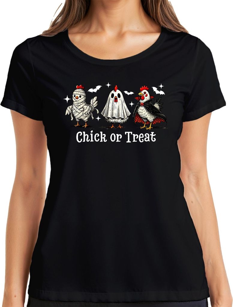 Chick or Treat Halloween Huhn Küken Kostüm Vampir Geist Mumie Damen T-Shirt, Schwarz, S