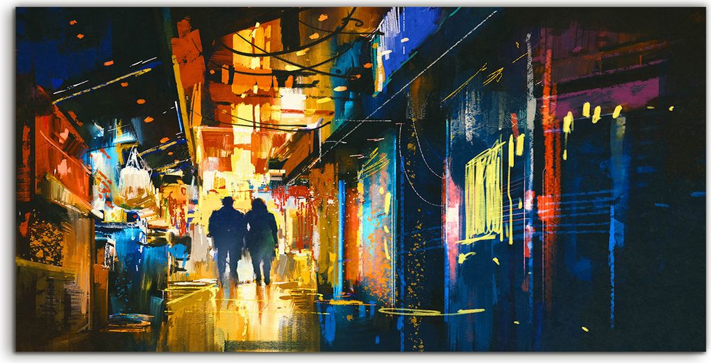 Coloray Acrylbild 140x70 Wandbild Acrylbilder Gehendes Paar Gasse Bunten Lichtern