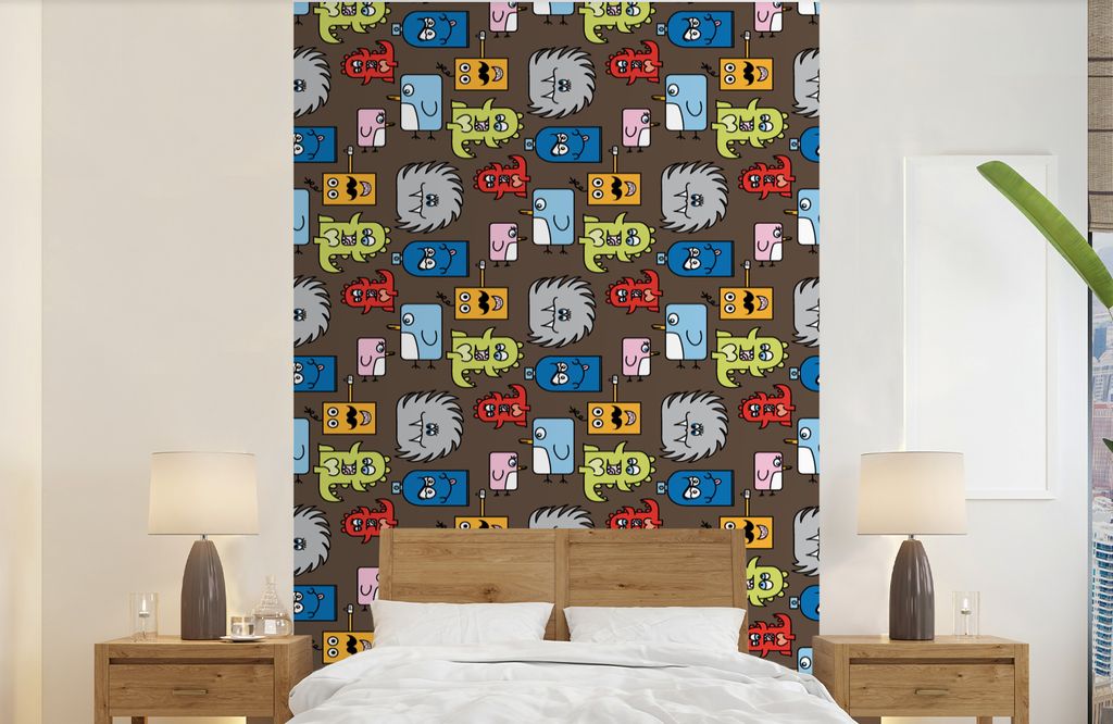 MuchoWow Fototapete für Wohnzimmer oder Schlafzimmer Wandtapete Vinyl Motivtapete Muster - Monster - Tiere - Kinder - Kinder - 190x300 cm - Kind...