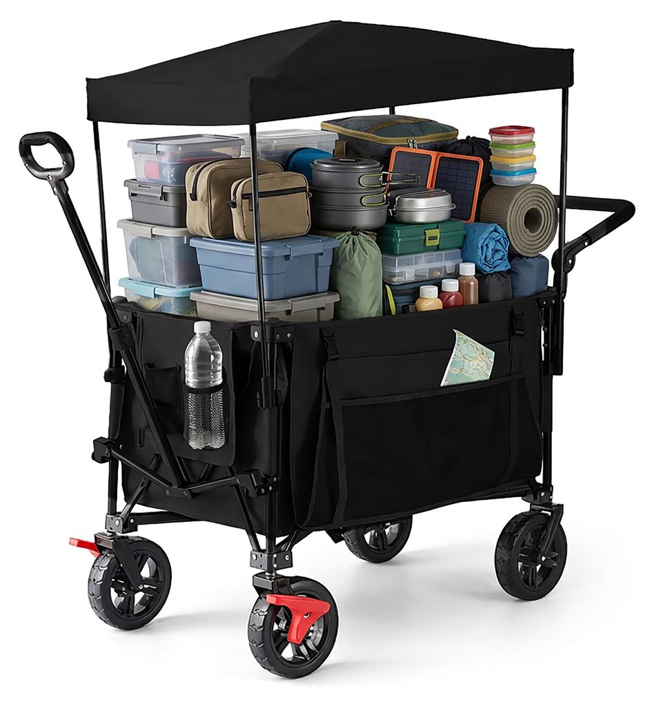 Relaxdays Bollerwagen, faltbar, 150 kg, Dach, Teleskop- & Produktbild 