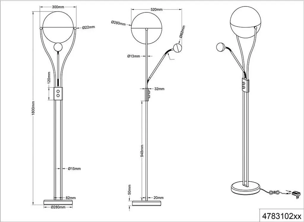 Lampadaire LED métal à intensité variable H180 cm interrupteur double