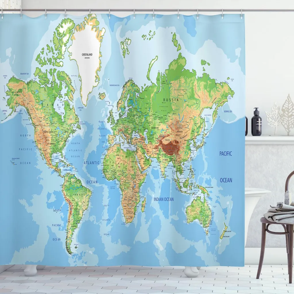 Grand rideau de douche carte du monde 175 x 240 cm design topographique étanche