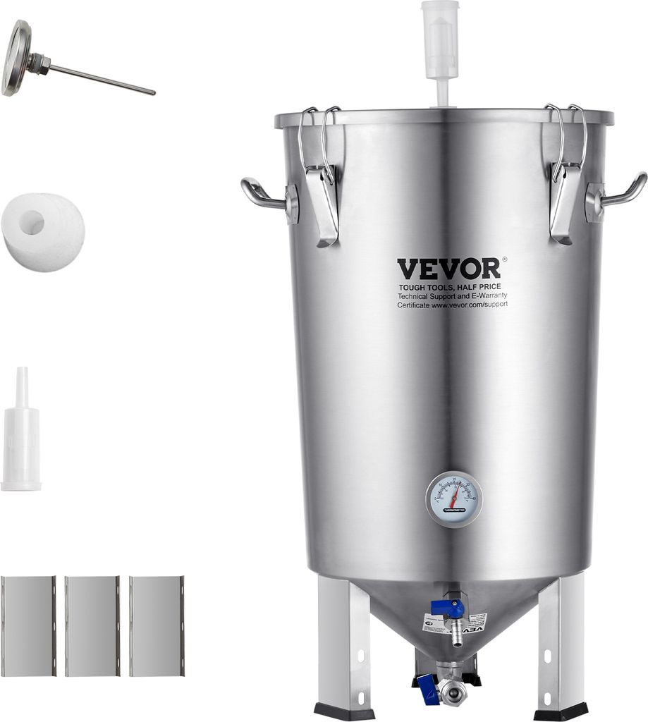 A stainless steel brewing vessel with various accessories displayed around it on a white background.
