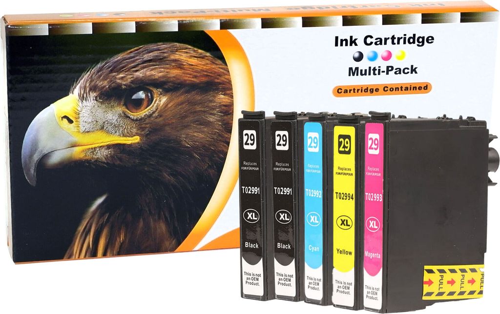 A box of ink cartridges with an image of an eagle on the front, and the cartridges themselves are displayed in front of the box.