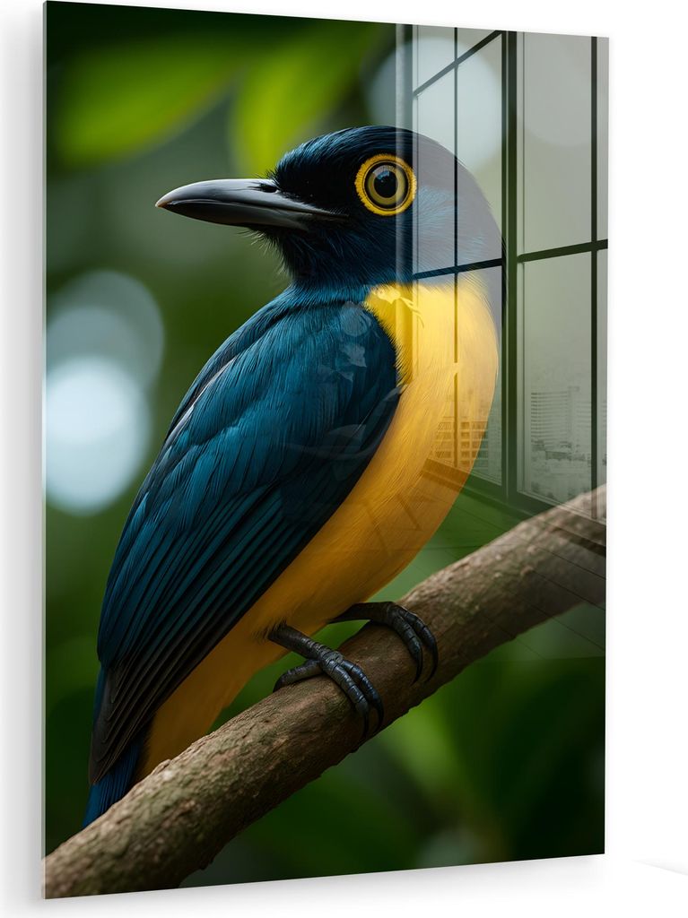 MuchoWow Glasbilder - Bilder auf Wandbild - Foto auf Glas Vogel - Zweig - Gelb - Blätter 30x40 cm Wanddekoration aus Glas - Acrylglasbild - Acrylb...
