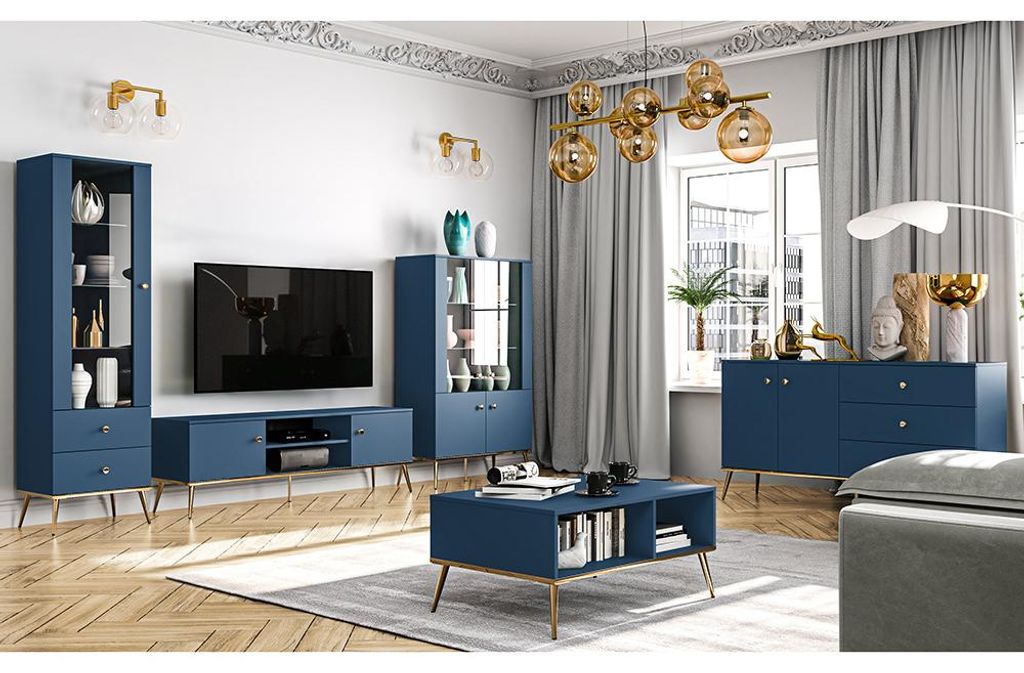 Wohnwand dunkelblau MONTPELLIER-131, modern, 6-teilig mit Couchtisch