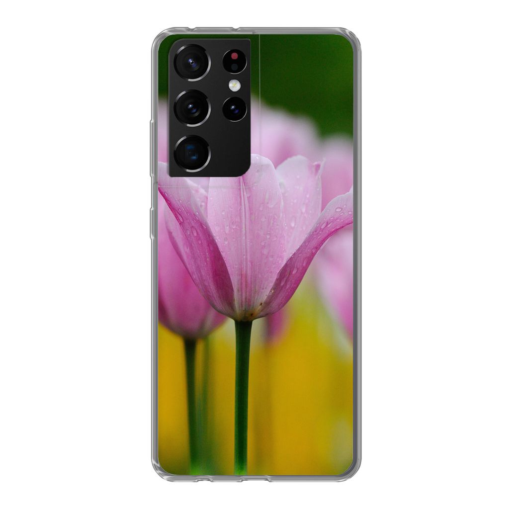MuchoWow Handyhülle Schutzhülle Hülle für Samsung Galaxy S21 Ultra Blumen - Tulpen - Rosa Silikon Softcase Handy Hülle - Mobiltelefon