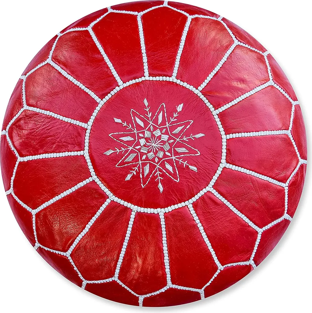 Pouf Vintage Marocchino in Vera Pelle | Rosso Artigianale Riempito